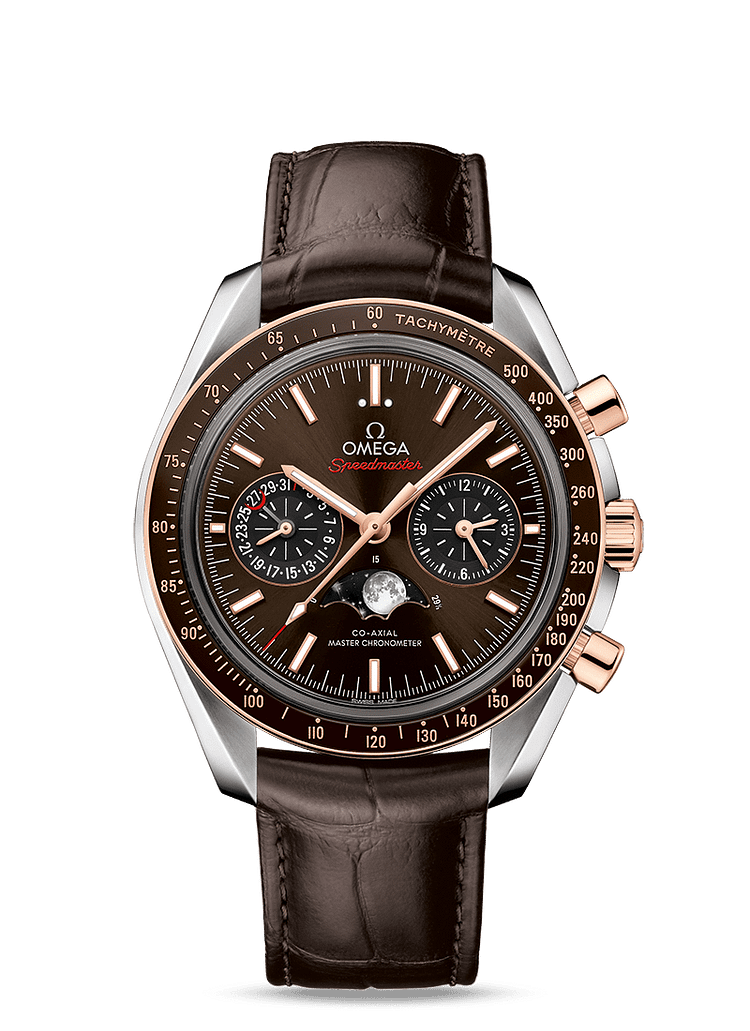 MOONPHASE CO‑AXIAL MASTER CHRONOMETER MOONPHASE CHRONOGRAPH 44.25 MM 304.23.44.52.13.001 FAVOURITES COMPARE Steel ‑ Sedna™ Gold on Leather strap