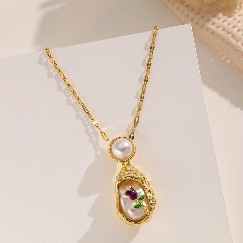 Elegant Glam Irregular Flower 316 Stainless Steel  Copper Pearl Inlay Pendant Necklace