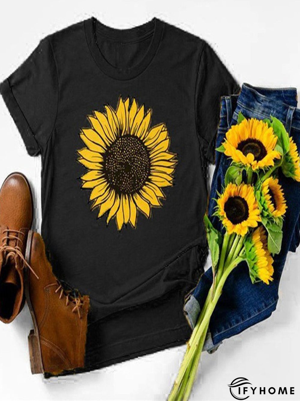 Vintage Short Sleeve Sunflower Printed Casual Top | IFYHOME