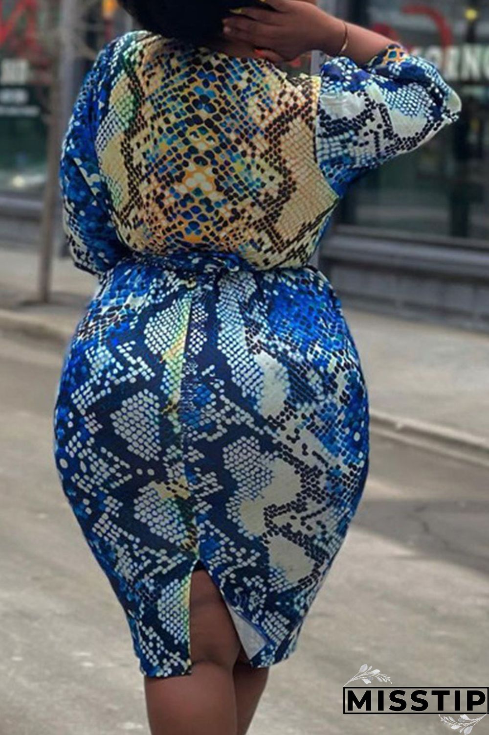 Blue Sexy Print With Belt V Neck Straight Plus Size Dresses