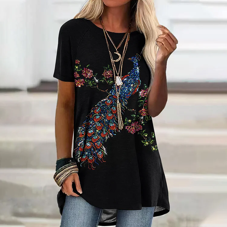 Peacock Print Round Neck Casual Tunic