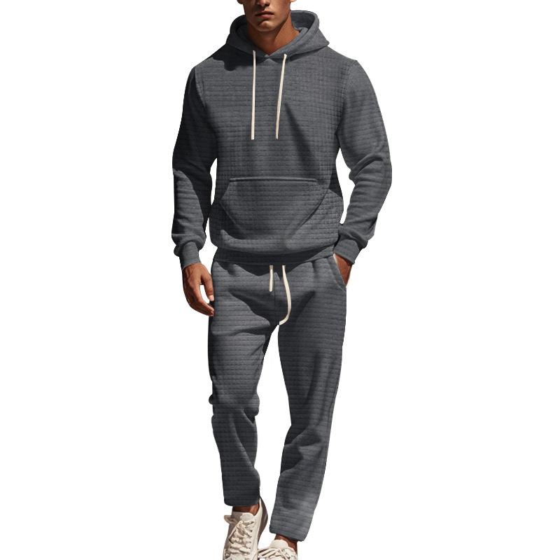 Men's Solid Color Plaid Long Sleeve Hoodie Trousers Sports Casual Set 54421096Z