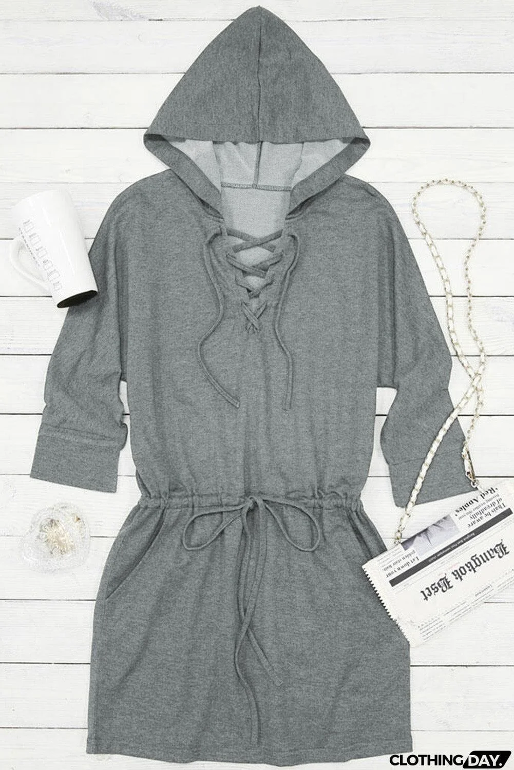 Pocket Lace Up Drawstring Hooded Mini Dress