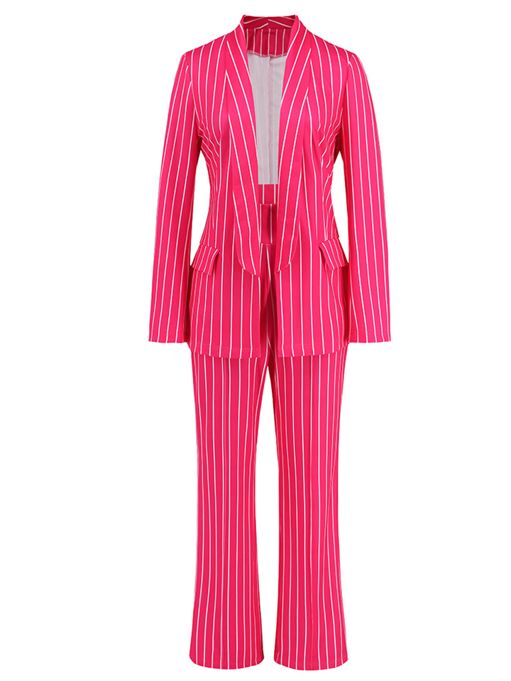 Women's Solid Colorblocking Fashion Casual Striped Small Suit Long Sleeve Jacket + Straight Wide Leg Pants Suit Two-piece Outfit