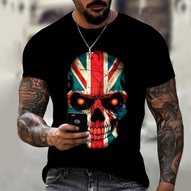 Retro Cross 3D Printed Skull Pattern Men's T-Shirt at Hiphopee