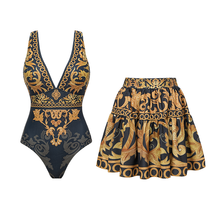 V Neck Gold Embroidery Decor One Piece Swimsuit and Skirt