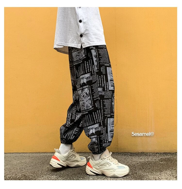 Woherb Harajuku Men's Harem Pants New Design Newspaper Printing Elastic Waist Loose Tapered Joggers Man Fashion Streetwear Clothing