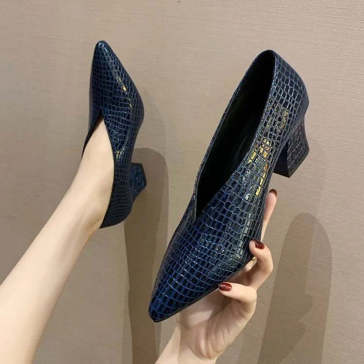 Vstacam Pointy V-Neck Patent-Leather Single Women Shoes High Heels Spring Versatile Retro Chunky Single Shoes Zapatos De Mujer Black