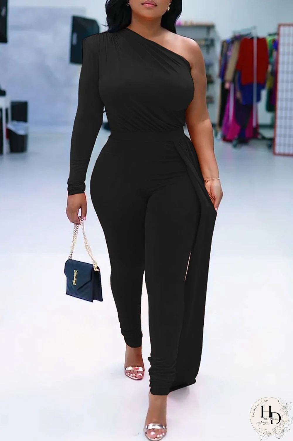 Black Elegant Solid Patchwork Oblique Collar Regular Jumpsuits