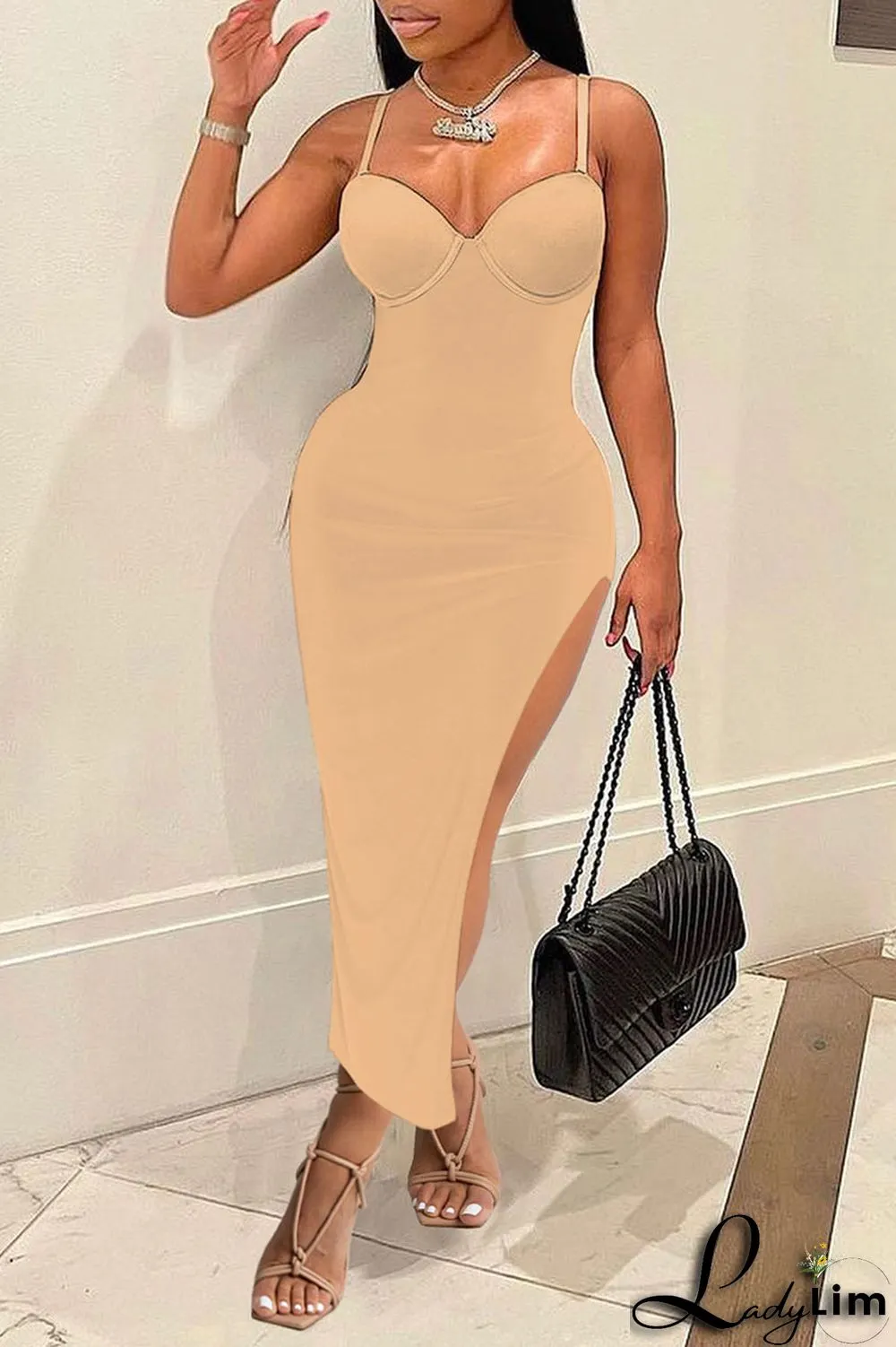 Black Sexy Solid Split Joint Slit Spaghetti Strap Sling Dress Dresses