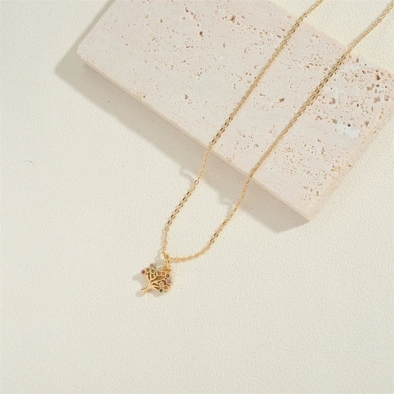 Copper 14K Gold Plated Vintage Style Minimalist Commute Inlay Ice Cream Tree Flower Zircon Pendant Necklace