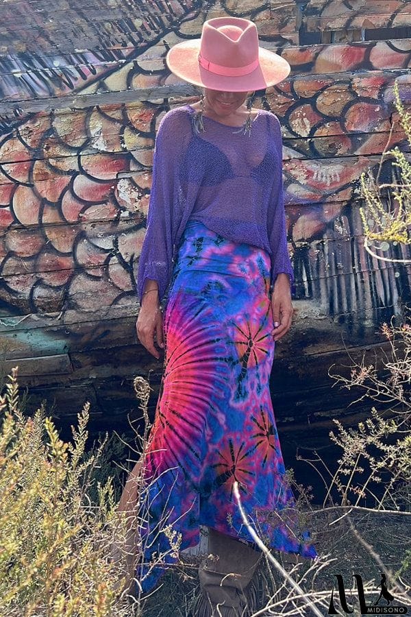MidiSono - Preston Tie-dye Print Ruched Waist Stretch Slit Maxi Skirt