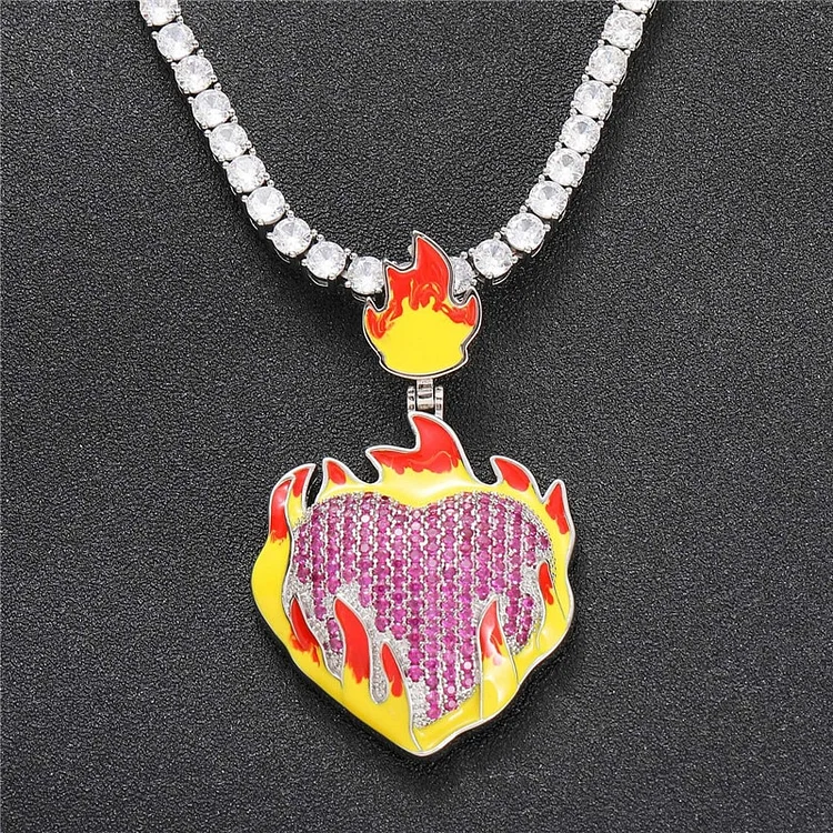 Iced Out Burning Heart Pendant Men's Necklace Hip Hop Jewelry-VESSFUL