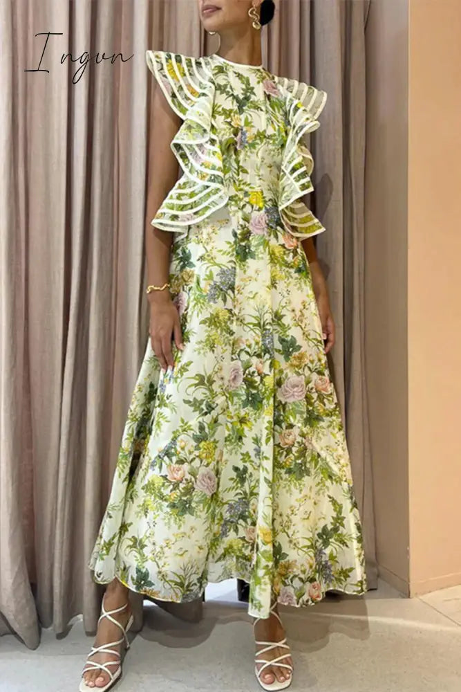 Ingvn - Sexy Celebrities Floral Bandage Backless O Neck Sleeveless Dress Dresses Grass Green / S