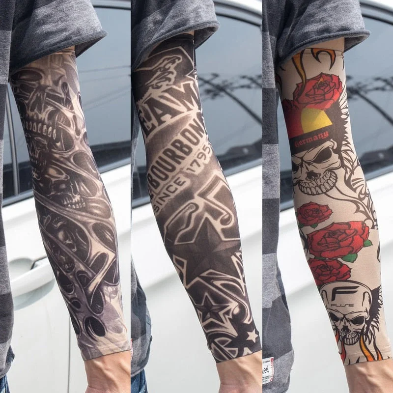 3PCS/lot new mixed 100%Nylon elastic Fake temporary tattoo sleeve skull wolf totem dragon designs body Arm stockings cool men