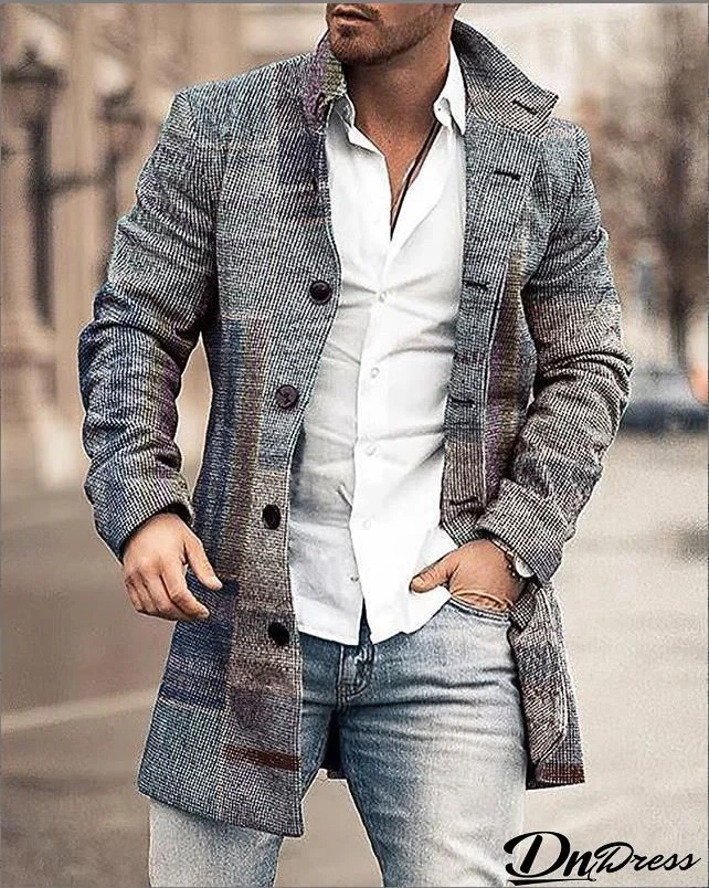 Men Autumn Winter Fashion Casual Simple Color Matching Lapel Button Plus Size Wool Coat