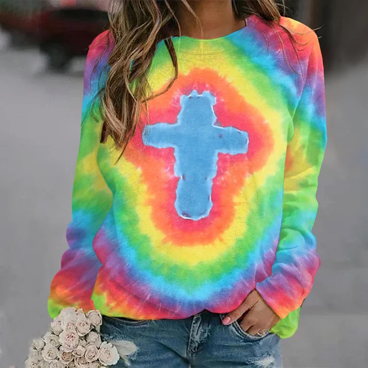 Wearshes Tie Dye Cross Crew Neck Sweatshirt