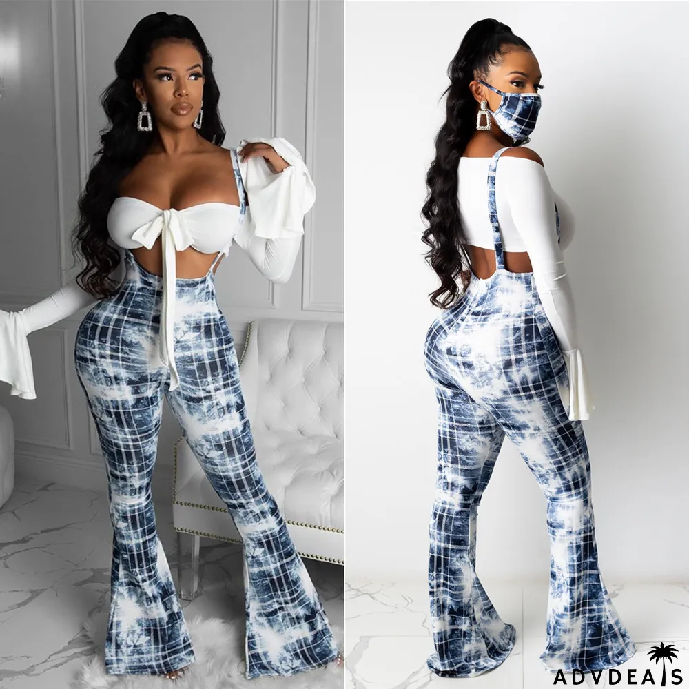 Trendy Plaid Print Straps Flared Jumpsuits