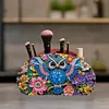 (US Local)DIY Gem Owl Design Wooden Diamond Painting Makeup Brush Storage Box Organizer