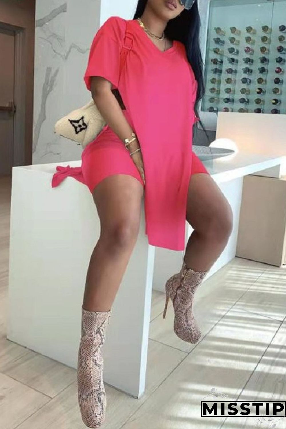 Rose Red Sweet Solid Slit V Neck Plus Size Two Pieces