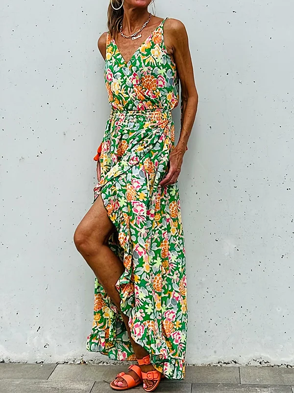 Falbala Floral Printed Split-Side Sleeveless Spaghetti-Neck Maxi Dresses