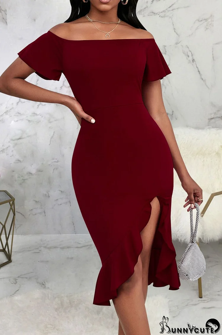 Burgundy Sexy Solid Patchwork Flounce Asymmetrical Off the Shoulder Straight Dresses