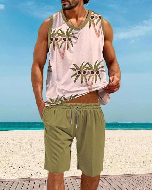 Men's Casual Resort Printed Vest Set 003