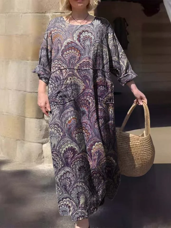 Women's Round Neck Printed 3/4 Sleeve Pocket Cotton Dress