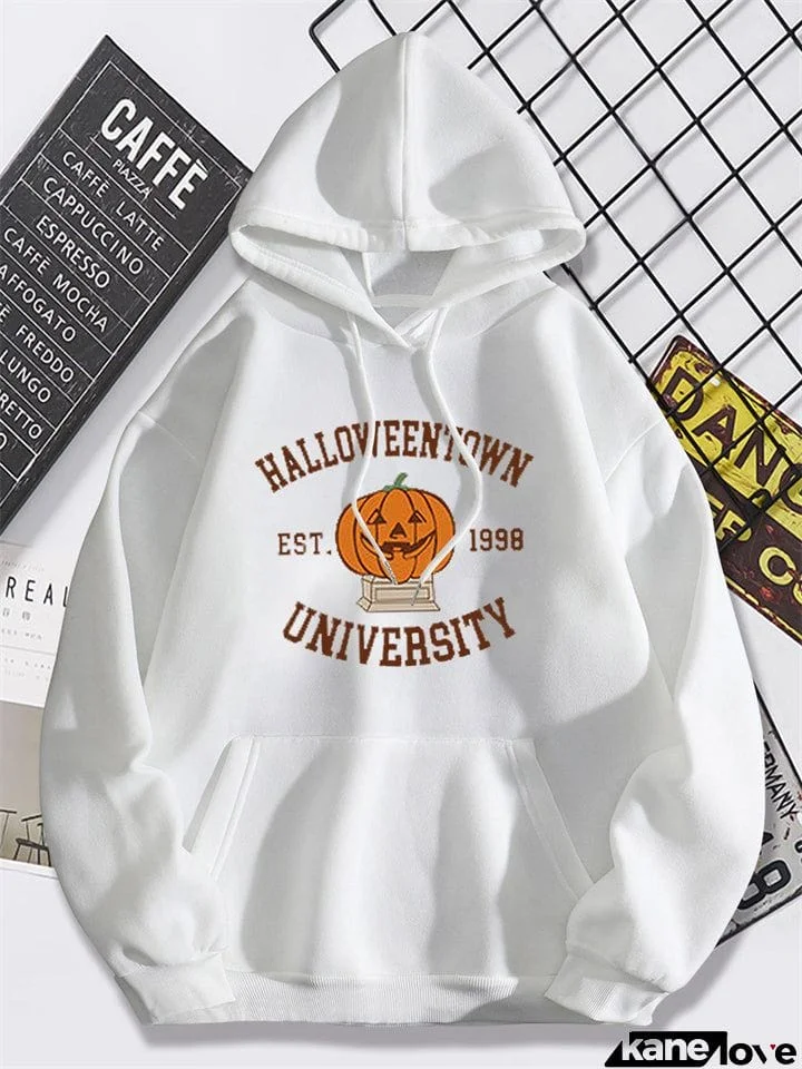 Halloween Smile Pumpkim Print Lined Plush Hoodies for Women