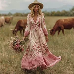 Boho Floral Embroidered Lace Patchwork Flowy Maxi Dress - Image 2