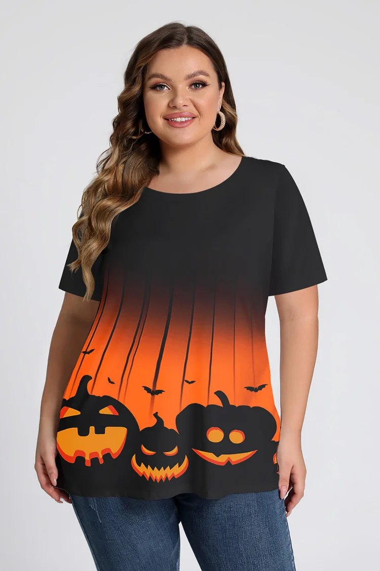 Flycurvy Plus Size Halloween Black Ombre Pumpkin Print Short Sleeve T-Shirt  Flycurvy [product_label]