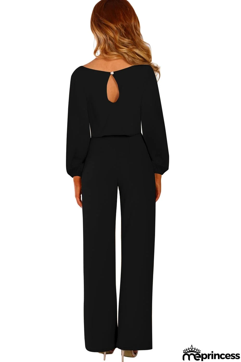Navy Boat Neck Bubble Sleeve Straight Legs Jumpsuit with Belt Tie