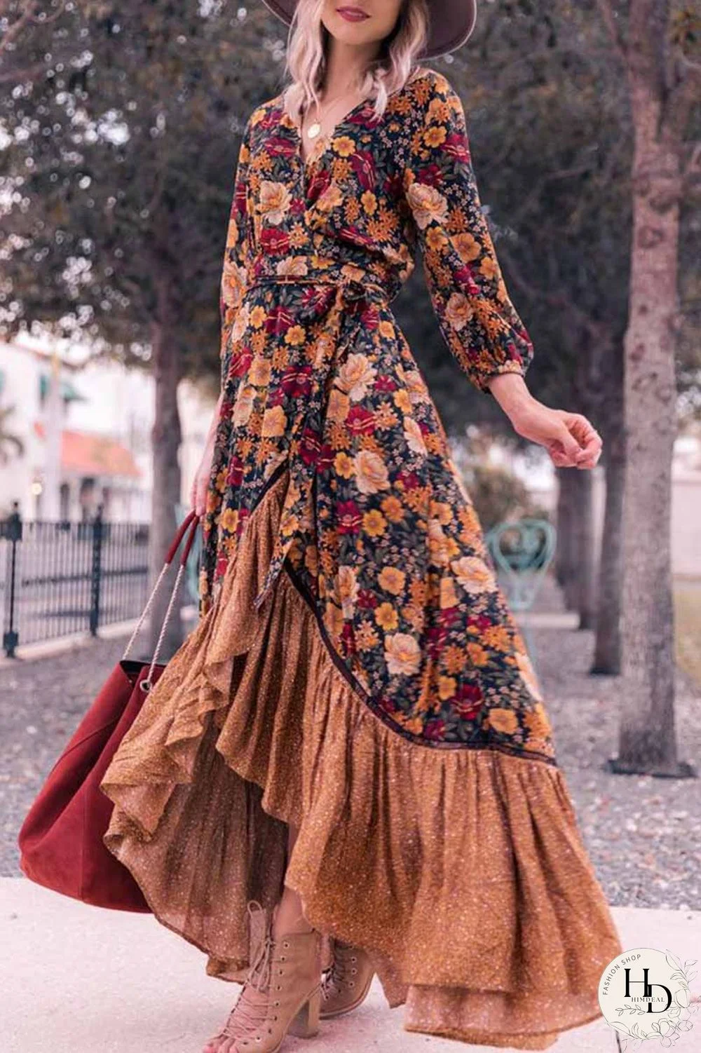 Long Sleeve Print Retro Long Maxi Dress