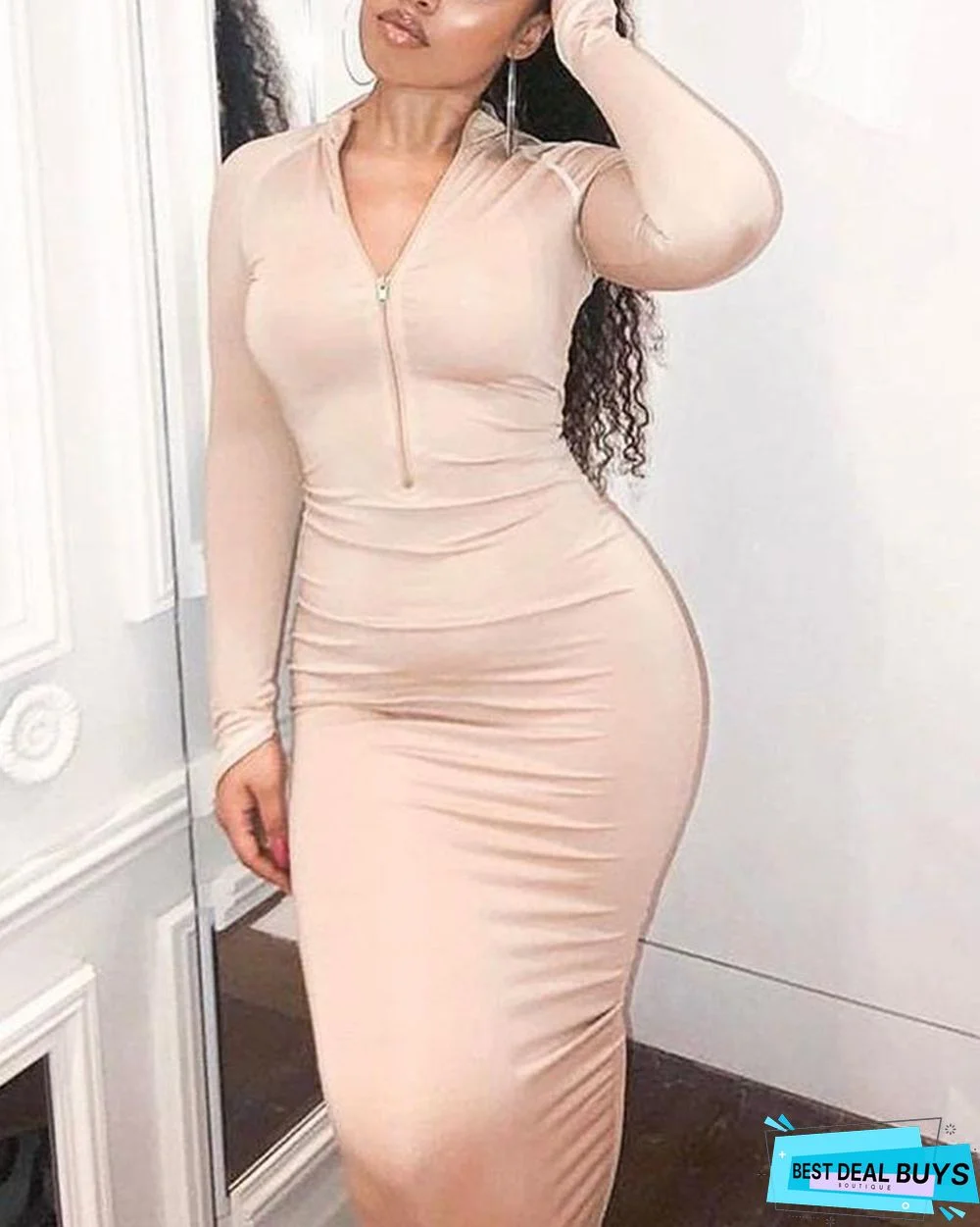 V Neck Bodycon Zipper Midi Dress
