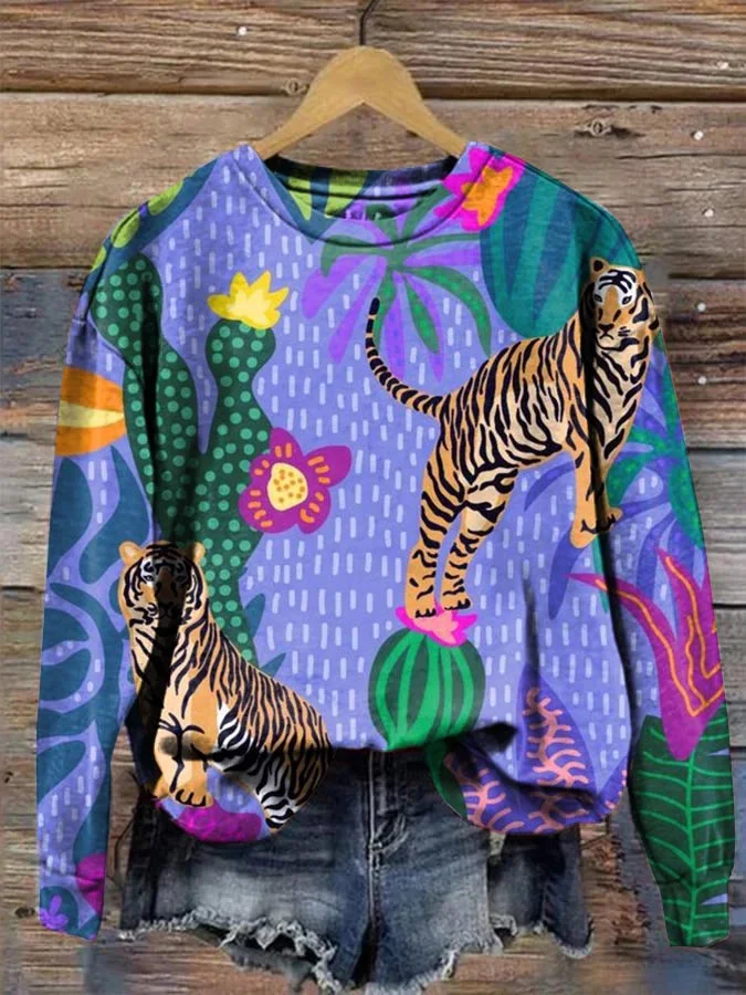 Women's Leopard Floral Print Long Sleeve Crewneck Sweatshirt socialshop