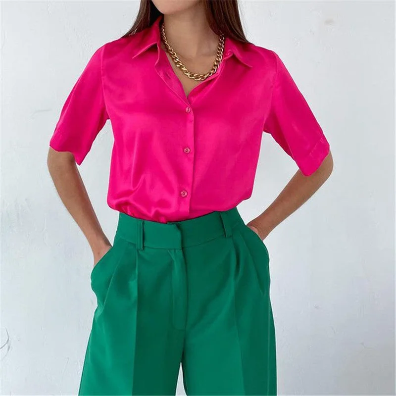 Back to school  Women 2022 Elegant Satin Solid Long Sleeve Blouses Female Chic Vintage Blue Green Casual Loose Buttons Shirts Oversize Top Tunic