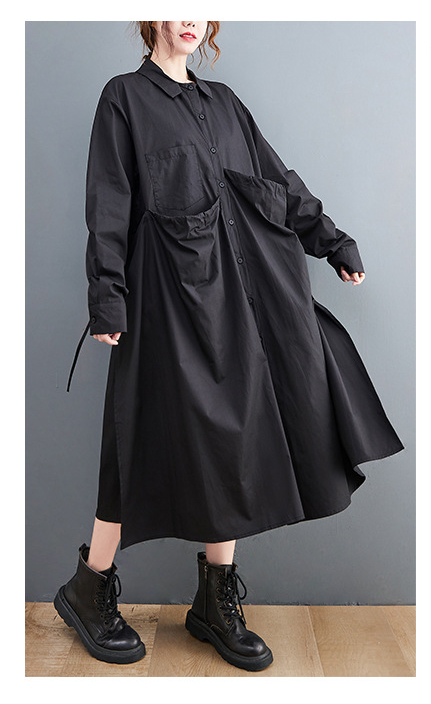 Side Drawstring Solid Color Shirt Midi Dress