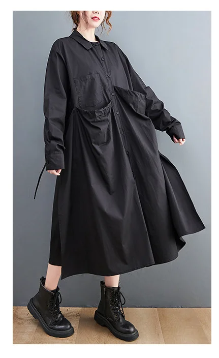 Side Drawstring Solid Color Shirt Midi Dress - yankia