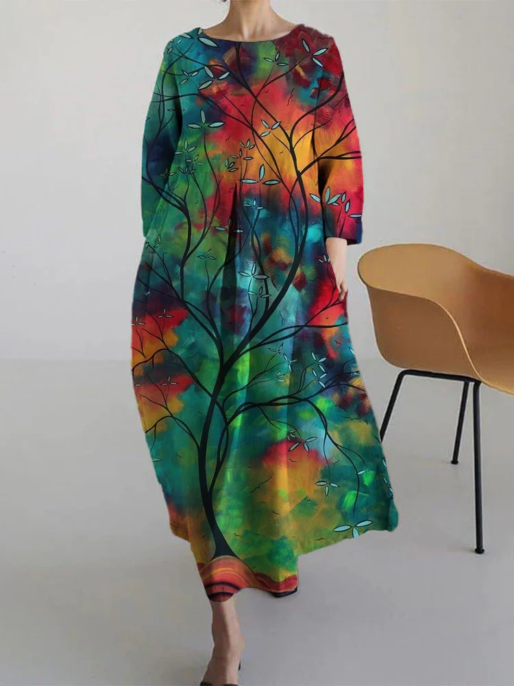 Women's Casual Colorful Tree Print Long Sleeve Midi Dress