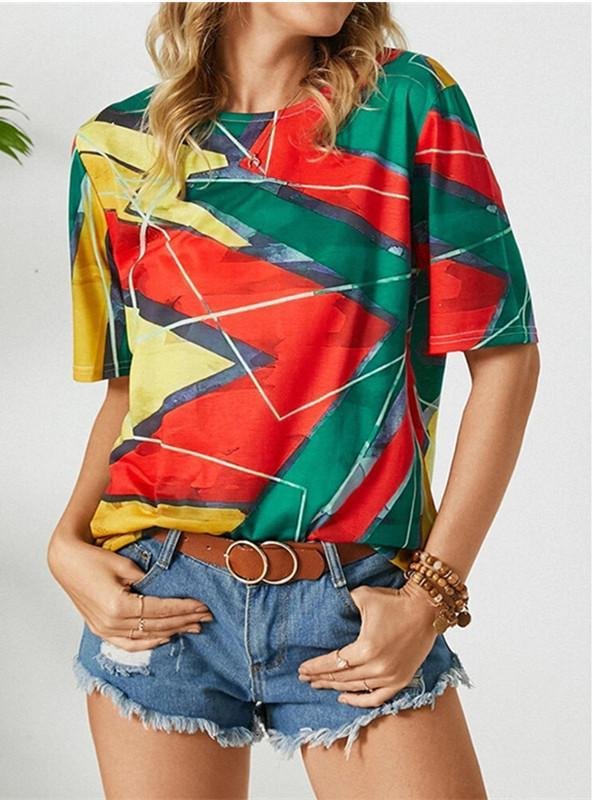 Women Short Sleeve Scoop Neck Striped Geometric Printed Top