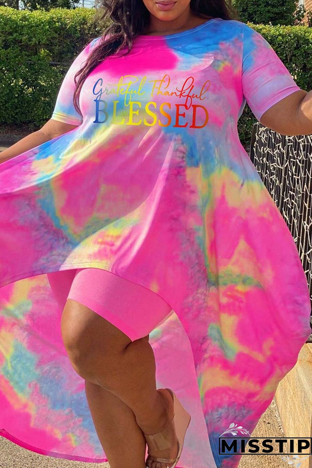 Pink Black Fashion Casual Print Tie-dye O Neck Plus Size Two Pieces