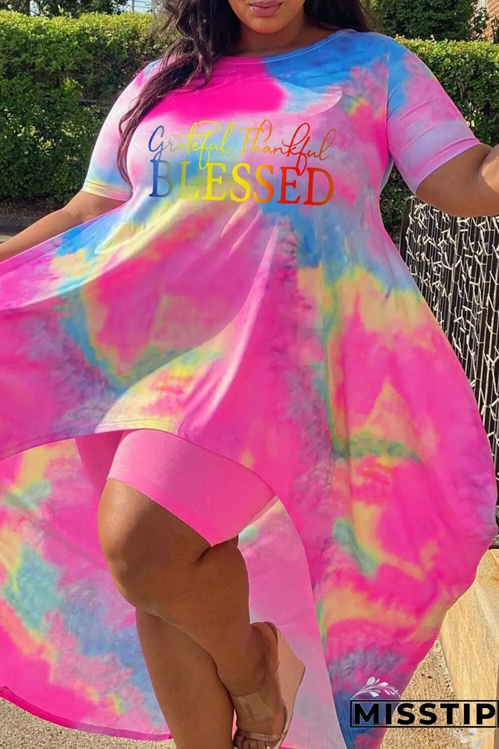 Pink Black Fashion Casual Print Tie-dye O Neck Plus Size Two Pieces