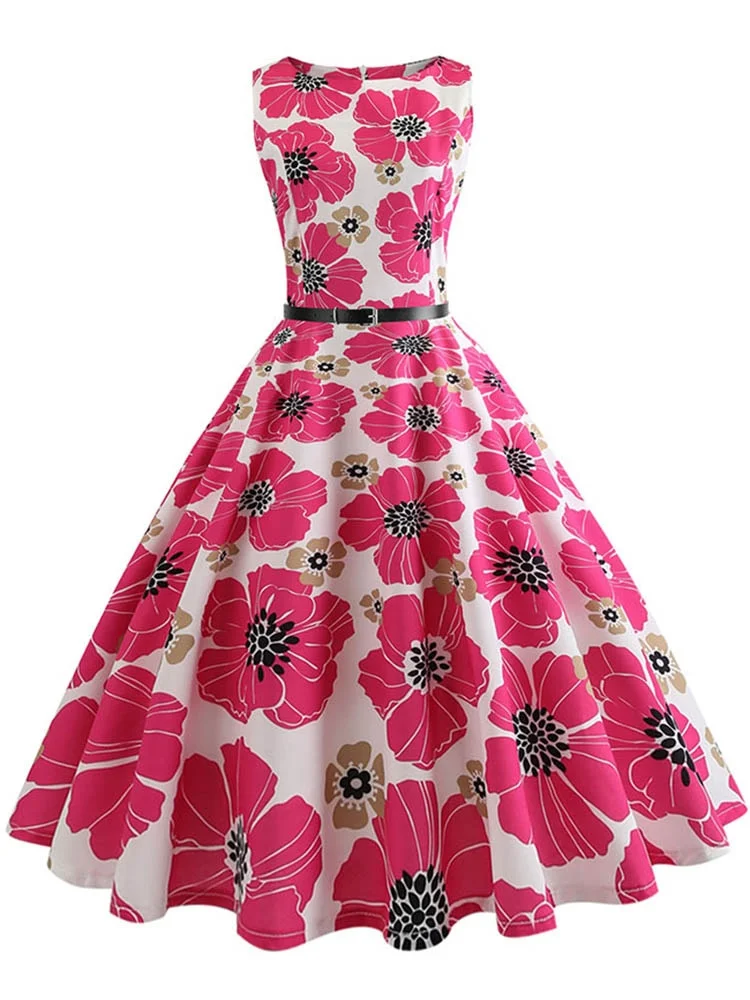 Floral Print Vintage Dress Women  Summer Pin Up Elegant Party Rockbility Robe  A-Line Office Sundress Vestidos