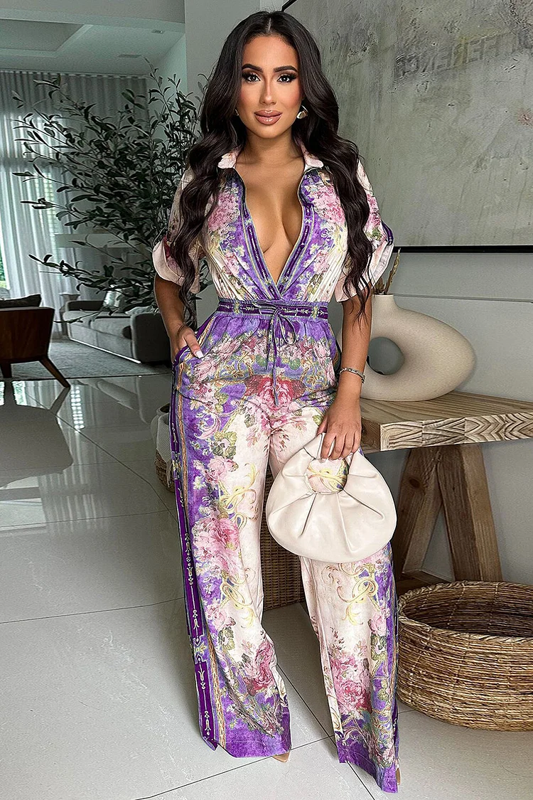 Floral Print Short Sleeve Tie Belt Wide Leg Vacation Jumpsuit-Green