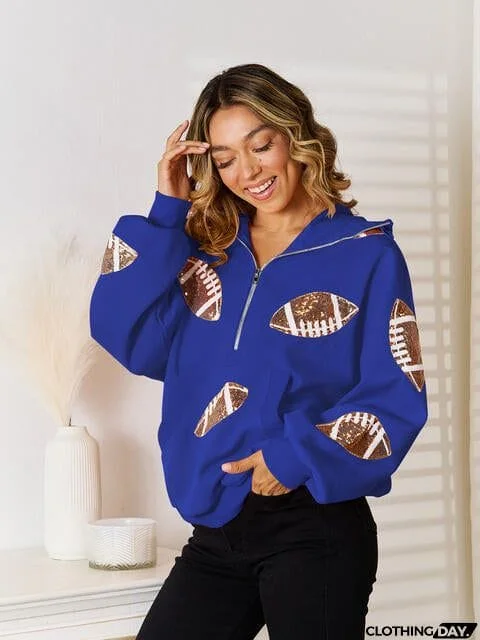 Sequin Football Patch Hal-Zip Hoodie