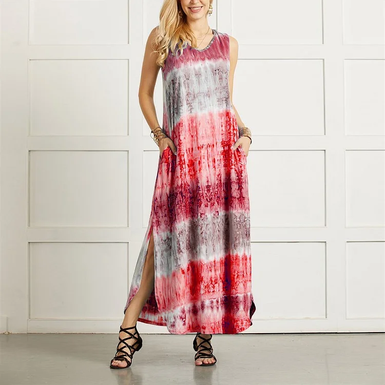 Trendy Stripe Pocket Sexy Tie Dye Print Midi Dress