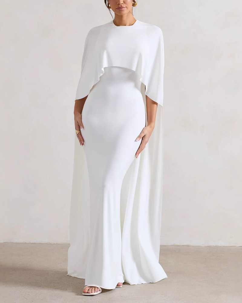 Cape Sleeveless Round Neck Solid Color Maxi Dress