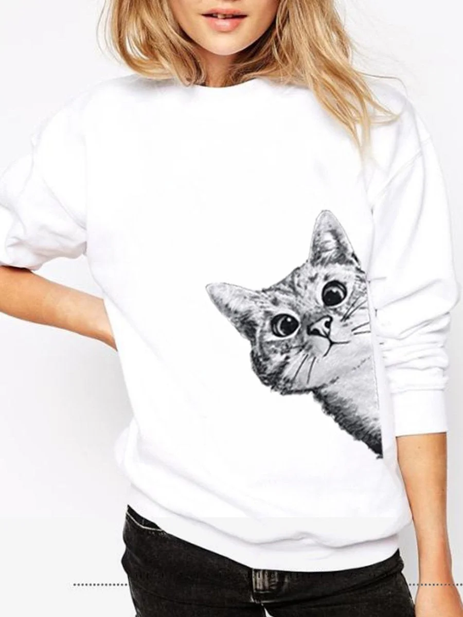 Fashion Cartoon Cat Printing Casual Sweatshirt (Right)