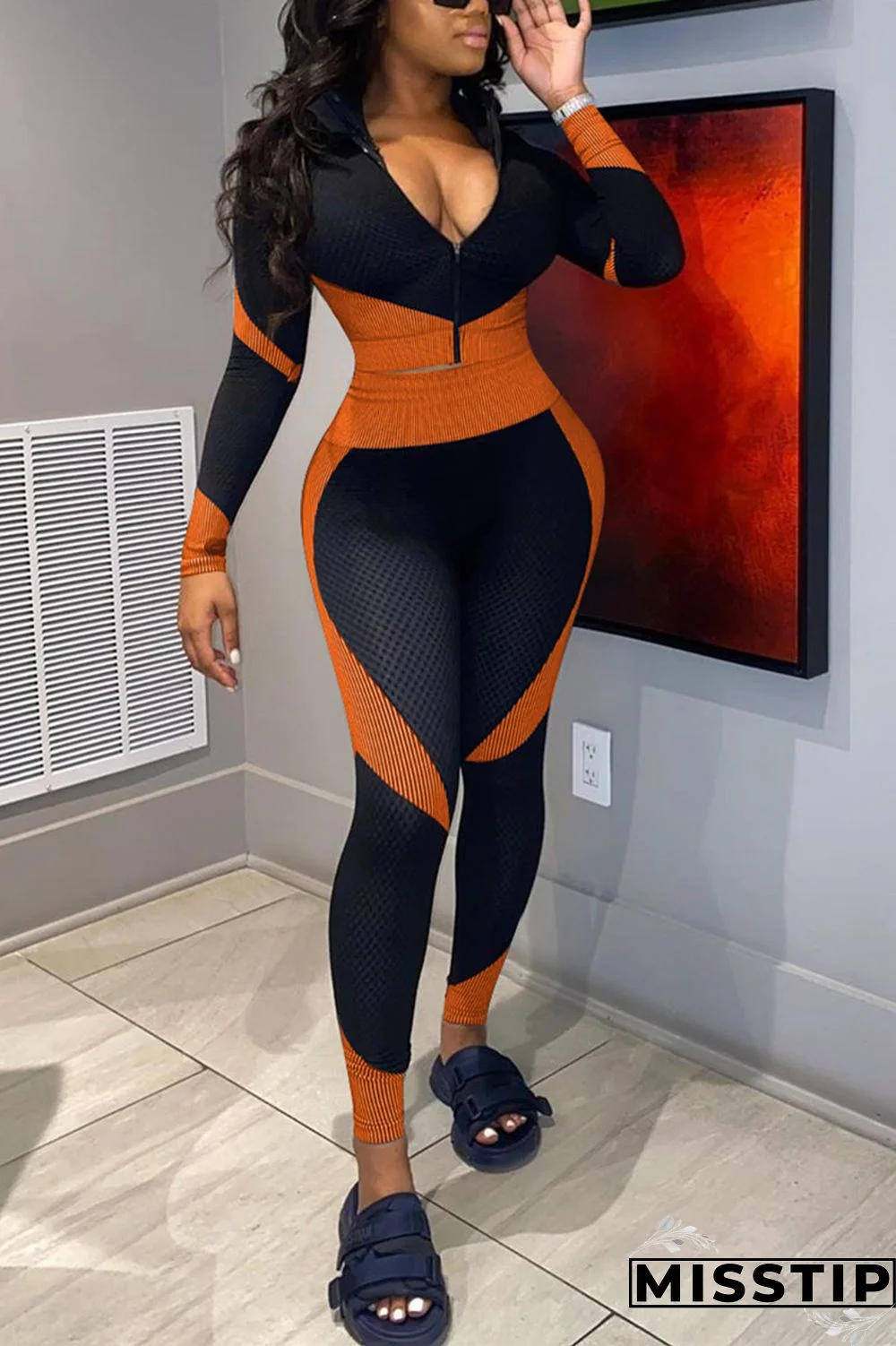 Orange Fashion Long Sleeve V Neck Regular Sleeve Short Patchwork Two Pieces
