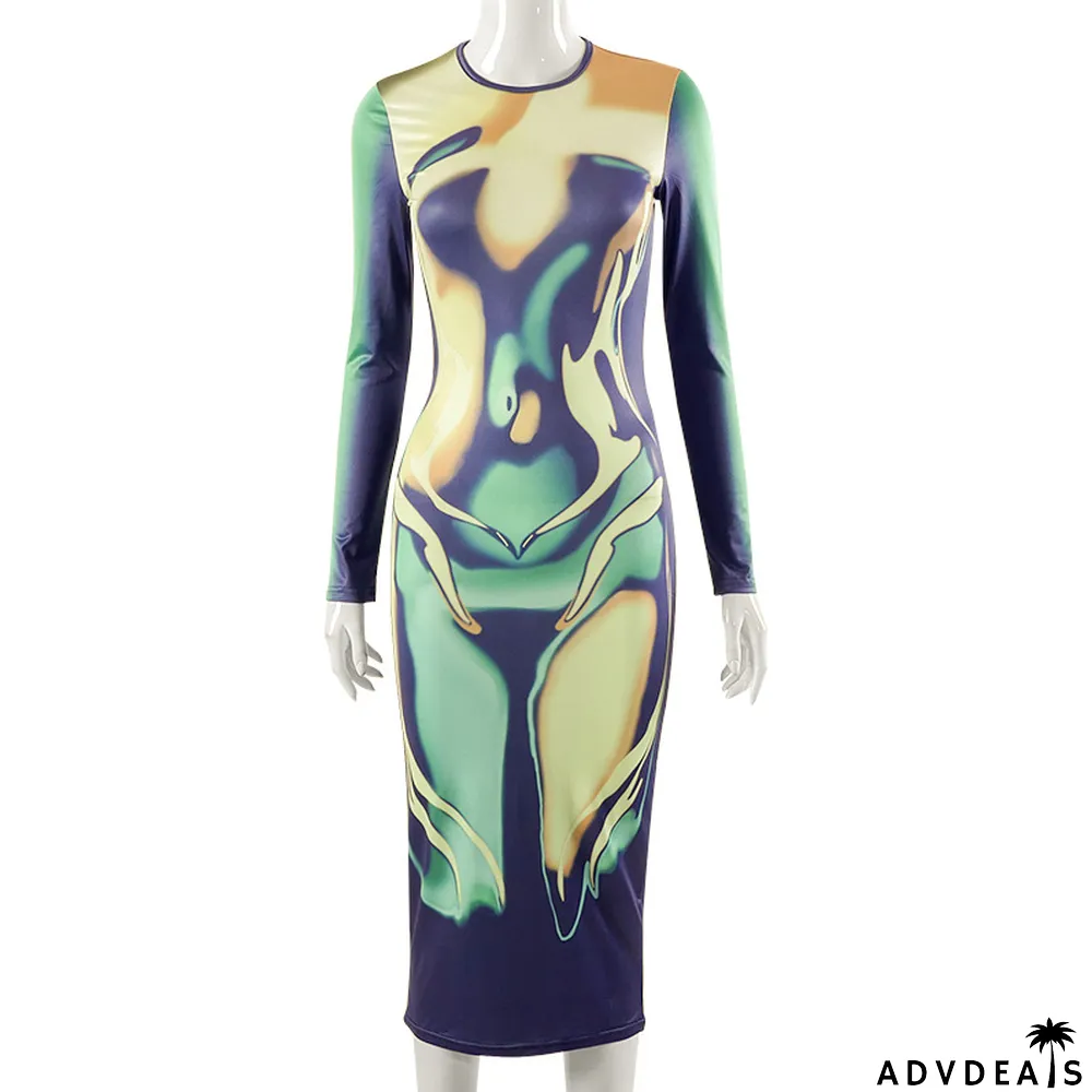 Women's Spring Sexy Print Round Neck Long Sleeve Casual Dress For Women
